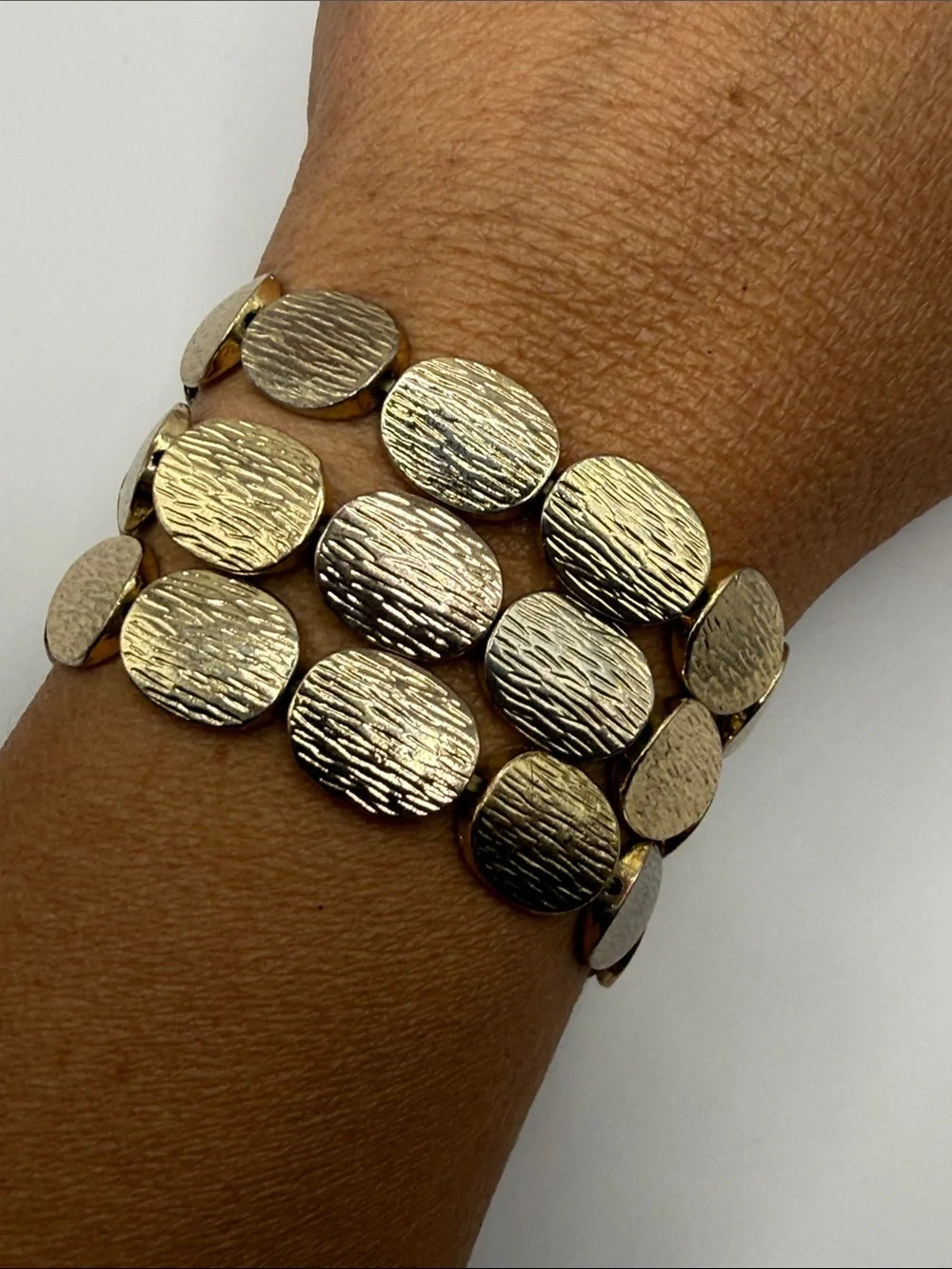 Vintage Gold Tone Textured Beaded Set of Three Bangles Cuff Statement Bracelets